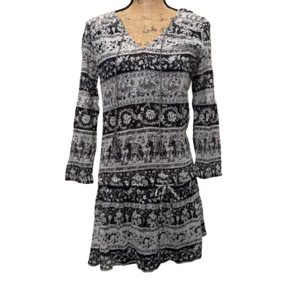 Joie Vork Drop Waist Peasant Dress Caviar Black Elephant‎ Bohemian Print Size XS - Picture 1 of 6